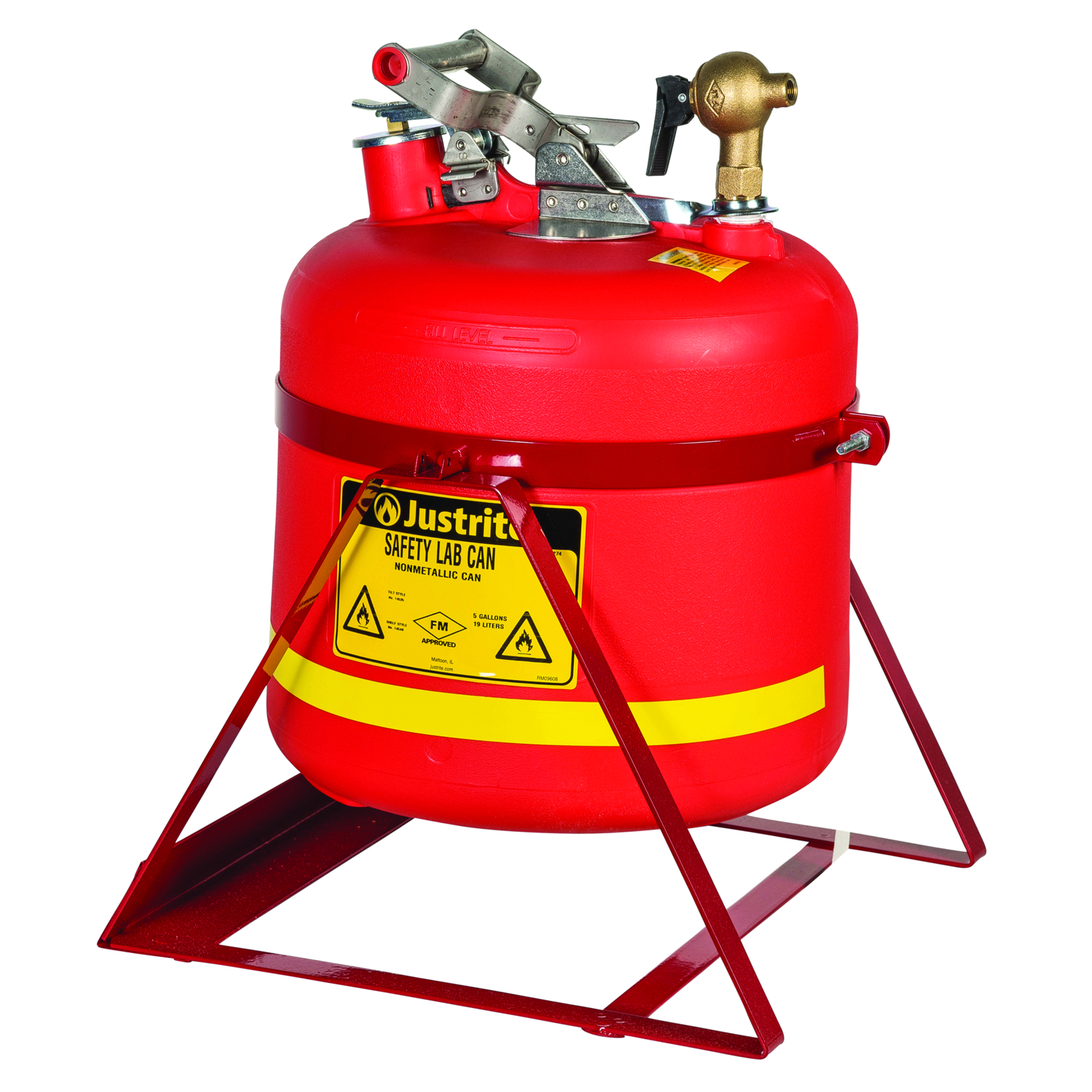 Justrite Polyethylene Safety Can with Stand — 5-Gallon, Tilt-Style, Self-Close Brass Faucet, Red, Model# 14535